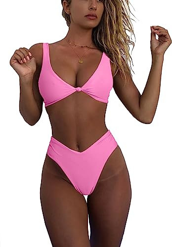 geluboao 2 Piece Light Pink Bikini Bathing Suit for Women Cute V Neck Knot Front High Waisted High Cut Swimsuit XL | Amazon (US)