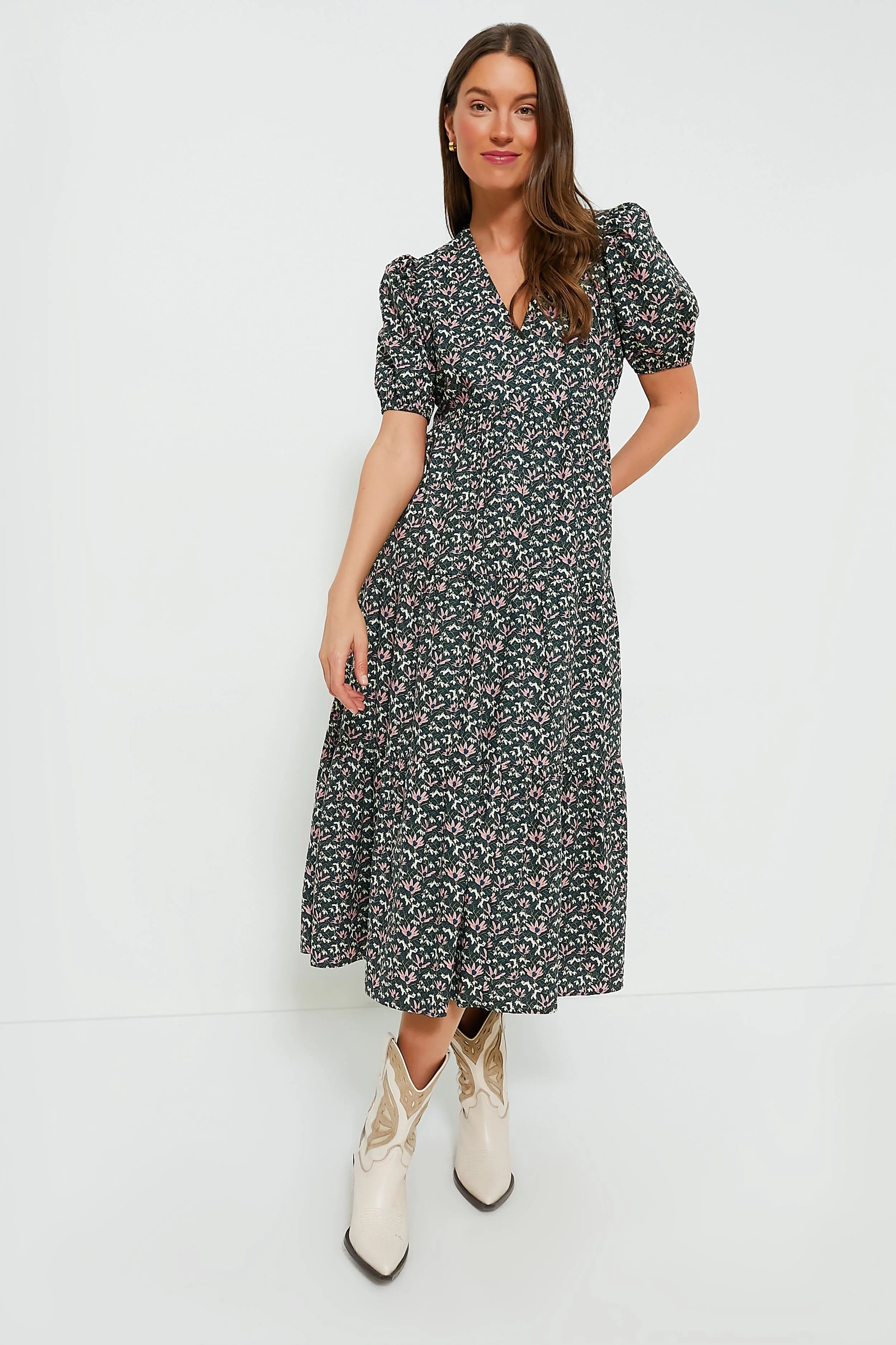 Green & Pink Floral Tiered Sadie Midi Dress | Tuckernuck (US)