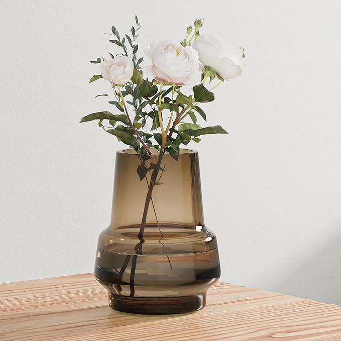 Amber Glass Vase Bud Flower Vase with Modern Design, Brown Wide Mouth Decorative Vase Gift for Ho... | Amazon (US)