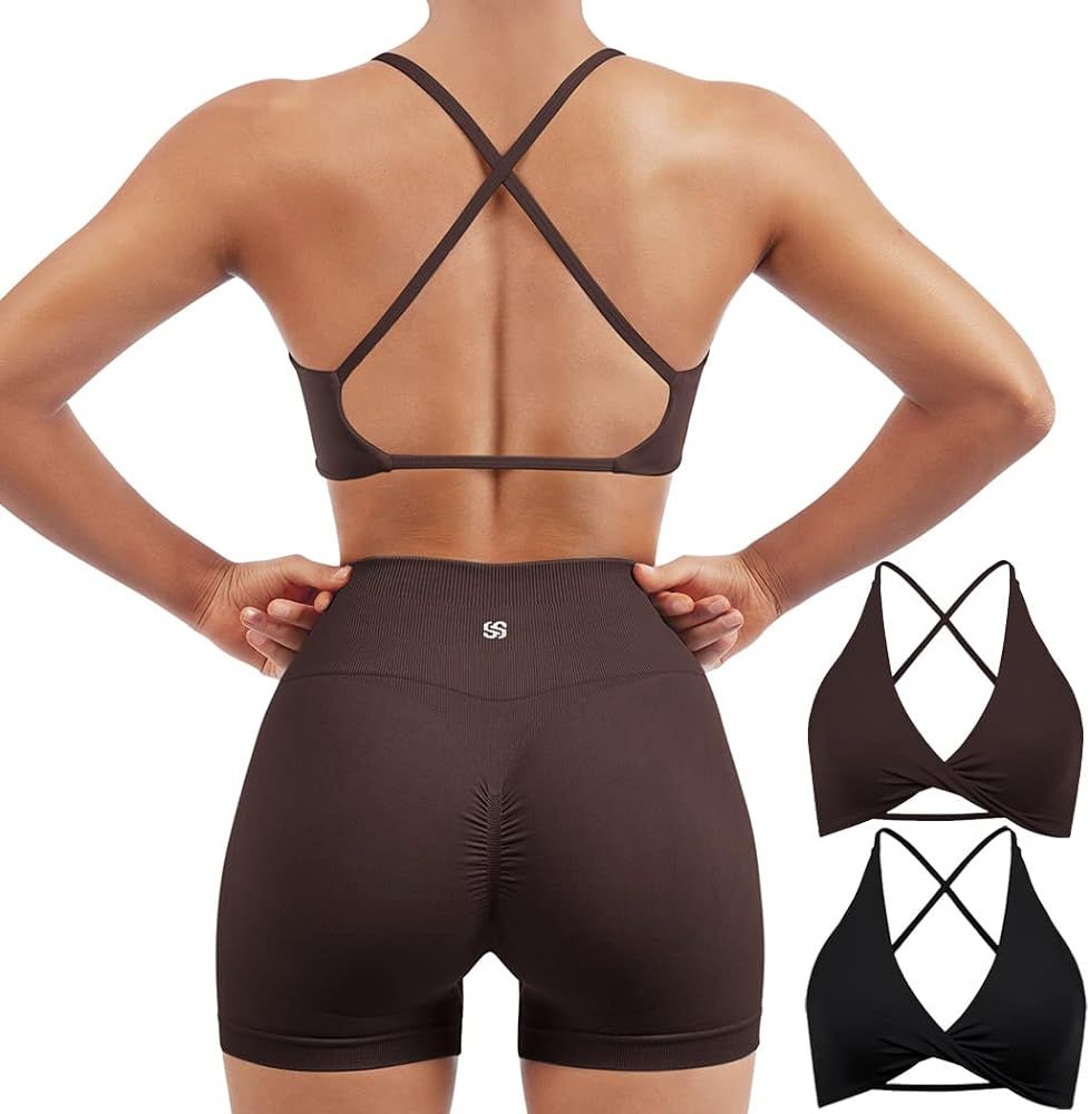 SUUKSESS Women 2 Piece Open Back Strappy Sports Bra Pack Twist V Neck Workout Crops | Amazon (US)