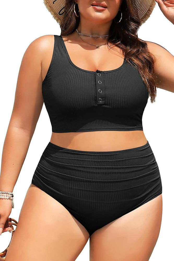 Plus Size 2 Piece Swimsuit - Womens High Waisted Bikini Tummy Control Bathing Suit Ribbed 2025 Sw... | Amazon (US)