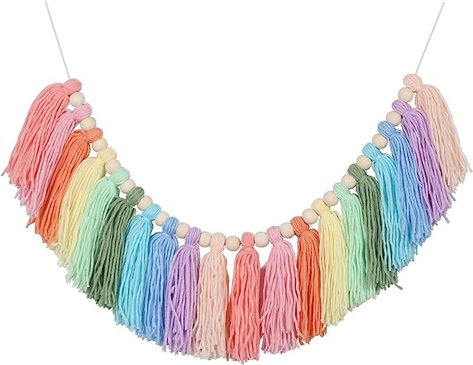 Pastel Rainbow Tassel Garland - Boho Tassel Garland with Wood Beads - Wall Decor for Dorm, Girls ... | Amazon (US)