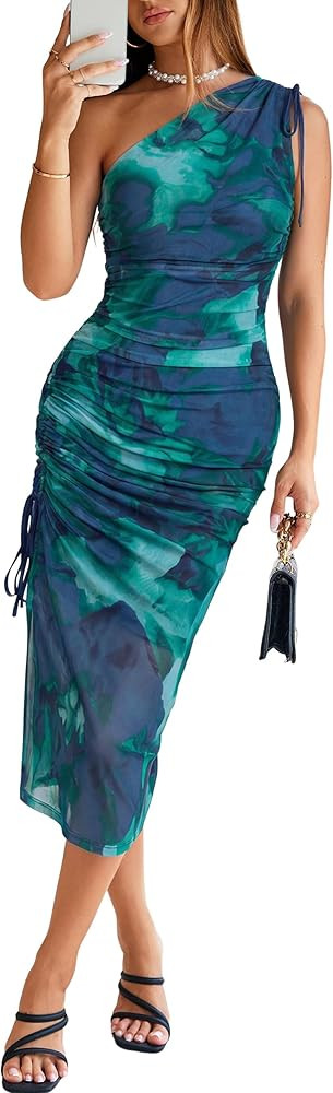 BerryGo Women One Shoulder Bodycon Mesh Ruched Long Dress Summer Sexy Slit Floral Print Wedding G... | Amazon (US)