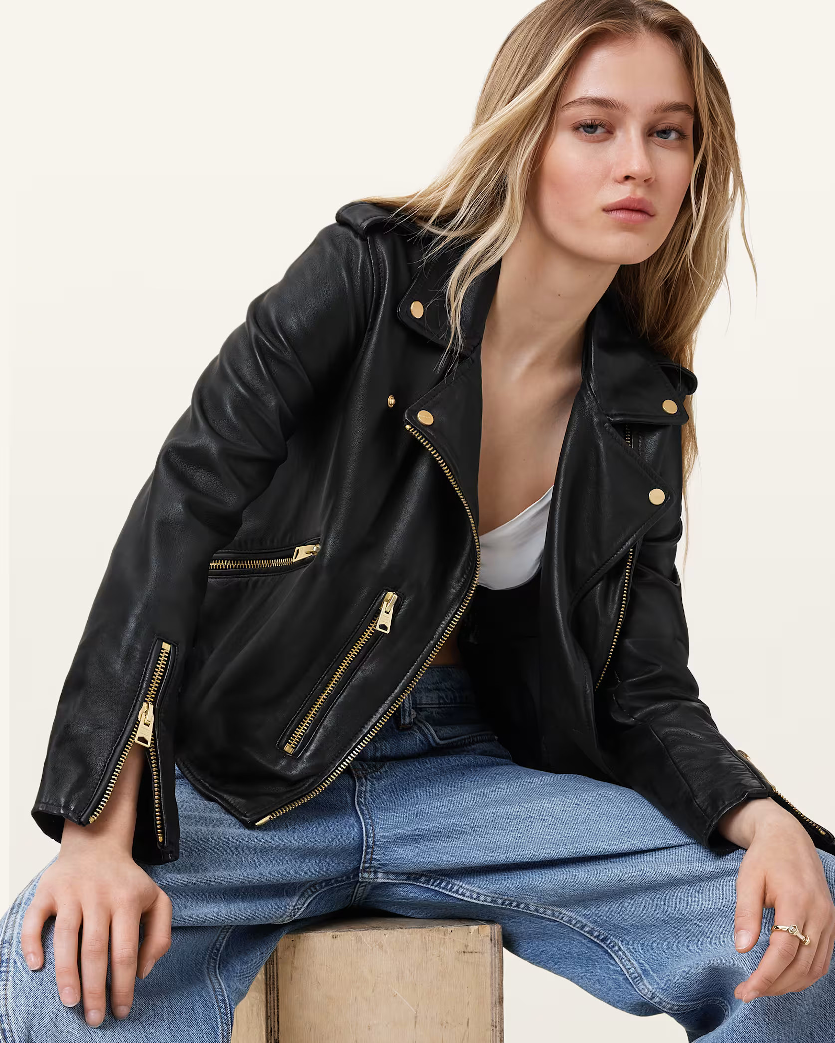 Balfern Leather Biker Jacket BLACK/GOLD | ALLSAINTS US | AllSaints US