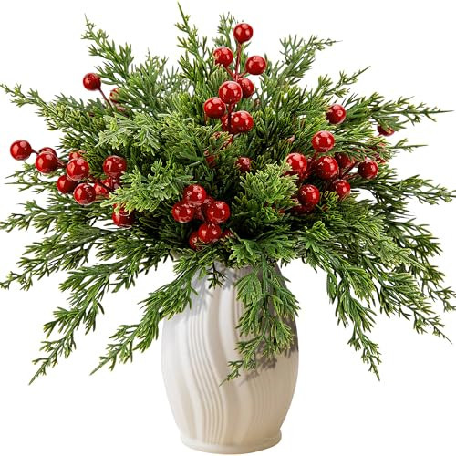 Watayo 45 Pcs Christmas Artificial Pine Branches with Red Berry Stems, 10.5" Faux Evergreen Norfolk Pine Cypress Leaves Stems, Fake Foliage Pine Needles Picks for DIY Craft Garland Home Decor | Amazon (US)