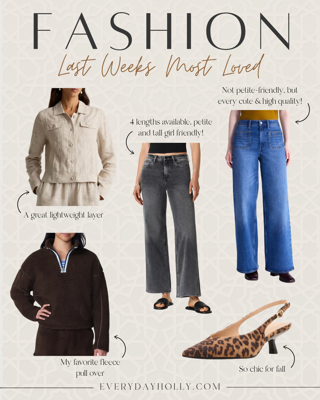 Last week’s most loved 🤎 A mix of fall favorites, including jeans with 4 length options, cozy fleece, a lightweight matching set, and the leopard slingbacks that make any outfit more fun.
fall fashion finds, fall best sellers, wide leg jeans, jeans with multiple lengths, cozy fleece, fall layers, linen set, leopard shoes, fall footwear, petite fashion, fall outfit ideas, EverydayHolly 

 