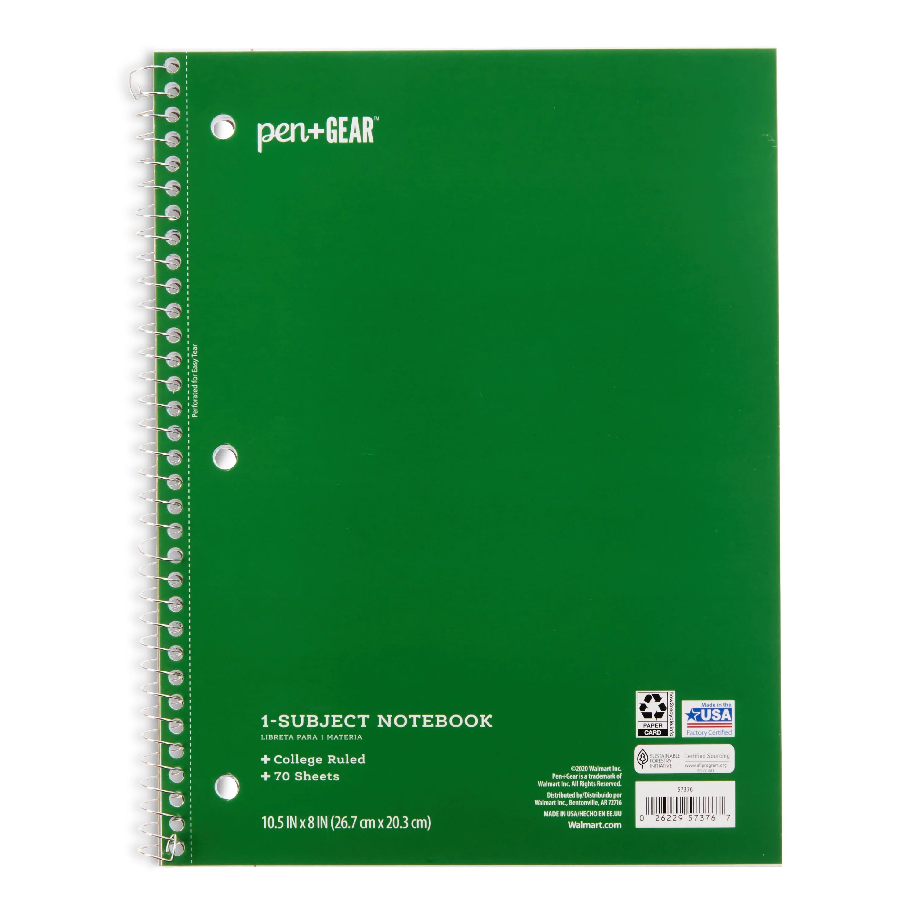 Pen+Gear 1-Subject Notebook, College Ruled, Green, 70 Sheets - Walmart.com | Walmart (US)