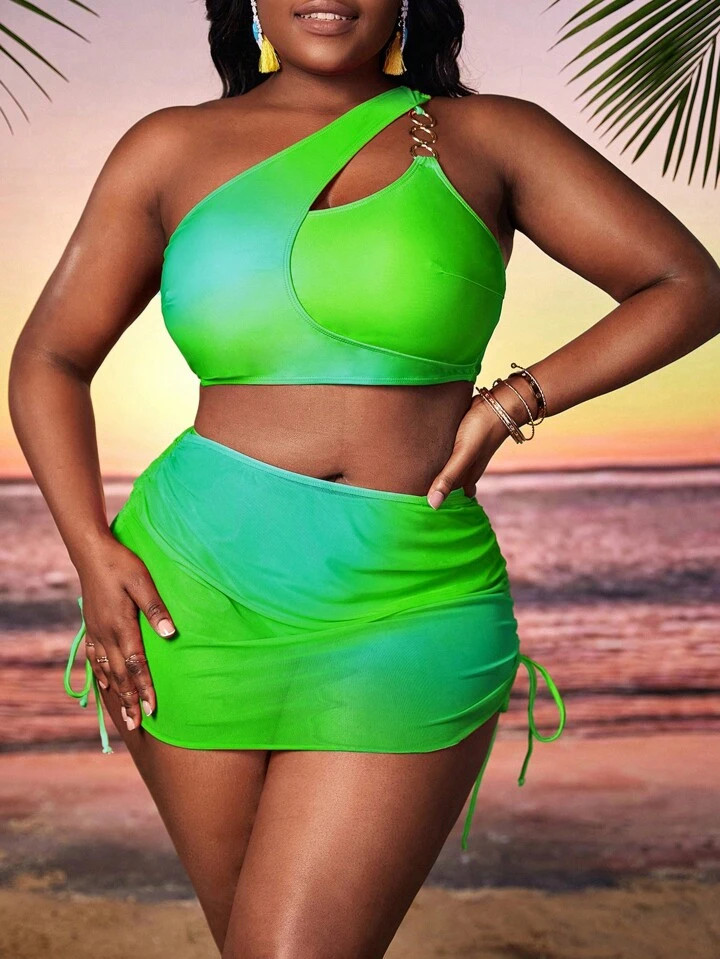 Plus Ombre One Shoulder Bikini Swimsuit With Beach Skirt | SHEIN