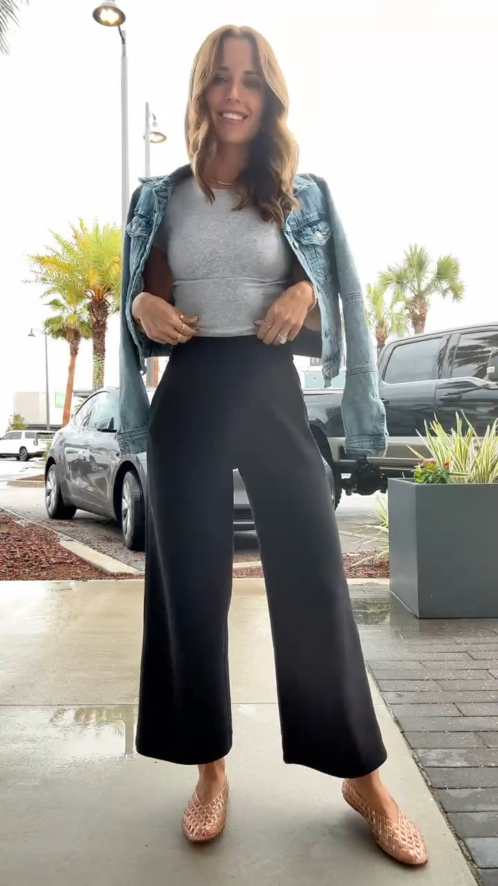 My outfit of the day! Amazon modal-blend wide leg pants in XXS. Aritzia ribbed baby tee in XS. Free a people denim jacket. Jelly ballet flats are whole sizes only - I sized down to a 6 based on reviews and am usually a 6.5. Spring outfit. Travel outfit. Elevated casual outfit. Summer outfit. Mom outfit.

#LTKootd #LTKgrwm #LTKTravel