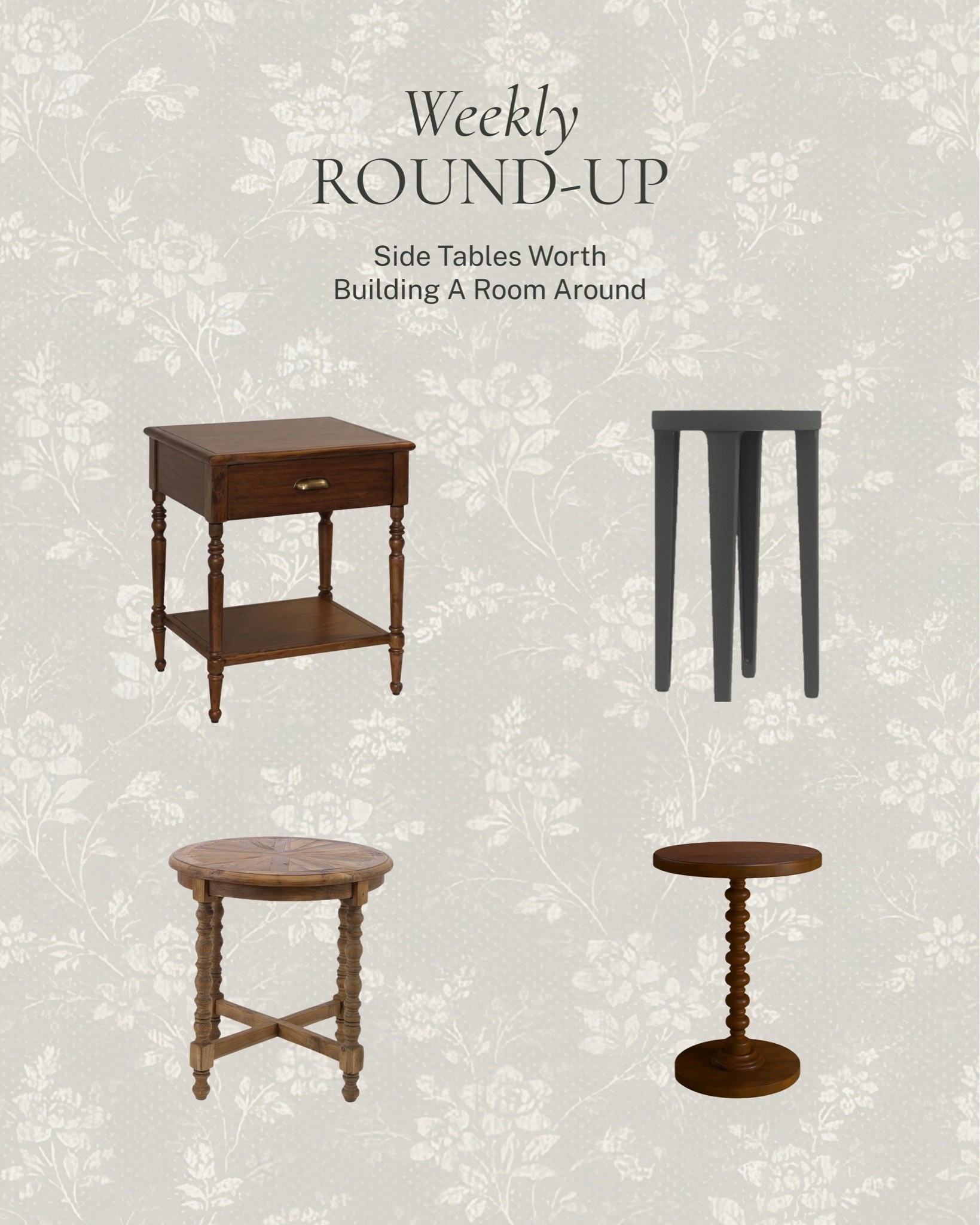 Side tables worth building a room around. A carved wood pedestal, a sleek black silhouette, a turned wood spool table, and a classic drawer table, four completely different looks, all proof that a side table can do a lot more than just hold a lamp.

All linked here 🤍 #LTKhome