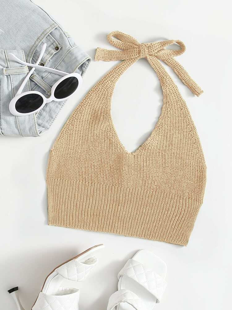 Halter Neck Button Detail Knit Top | SHEIN