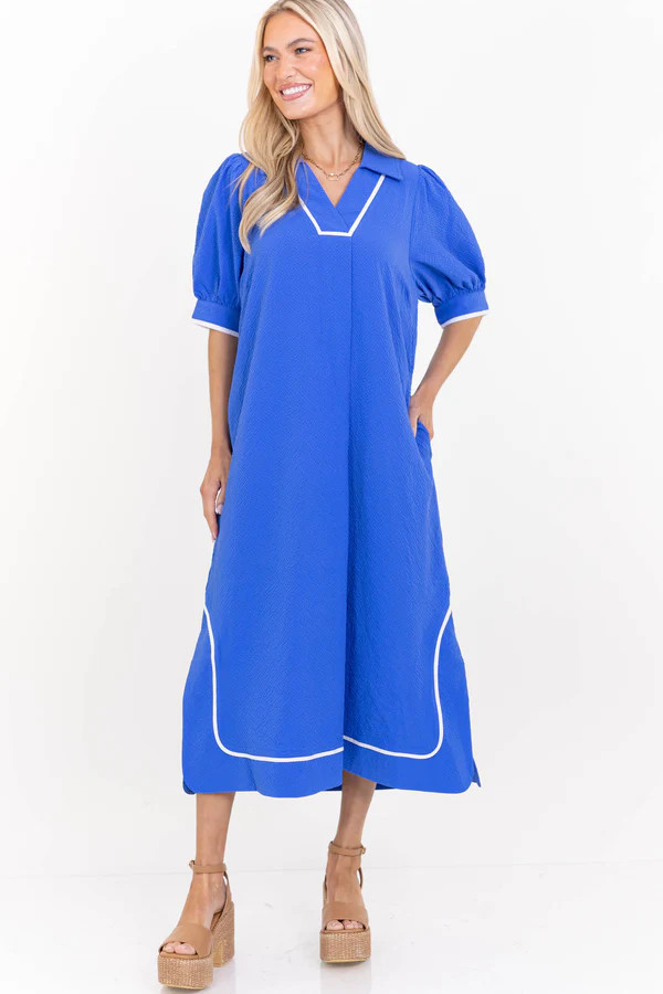 Instant Compliments Blue Textured Midi Dress | The Mint Julep Boutique