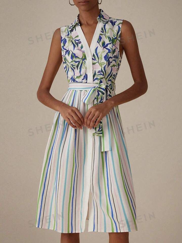 SHEIN Privé Western Style Printed Multicolor Striped V-Neck Linen Belted Dress | SHEIN