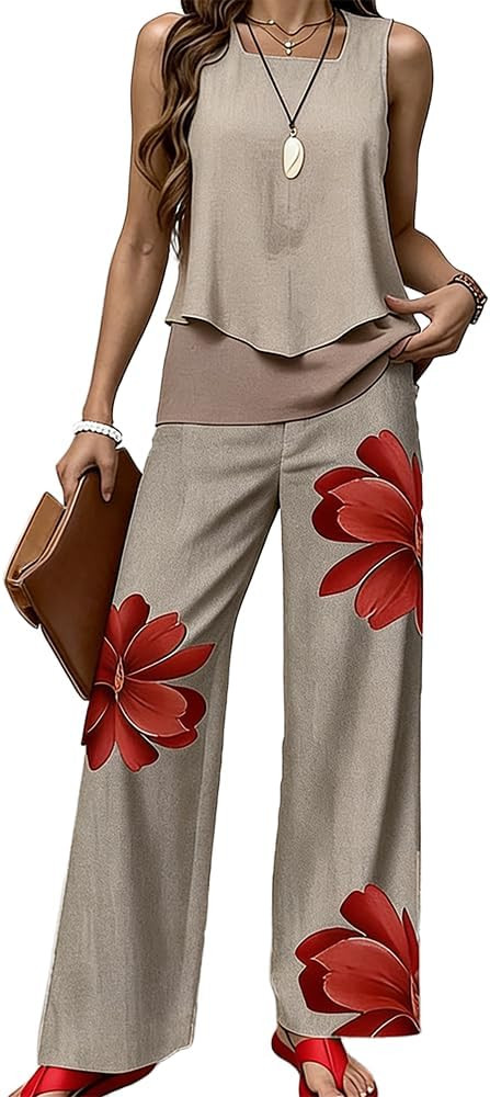 DEPENSL Women's Sleeveless Double Layer Tank Top and Wide Leg Pants Set Boho Tropical Print 2 Pie... | Amazon (US)
