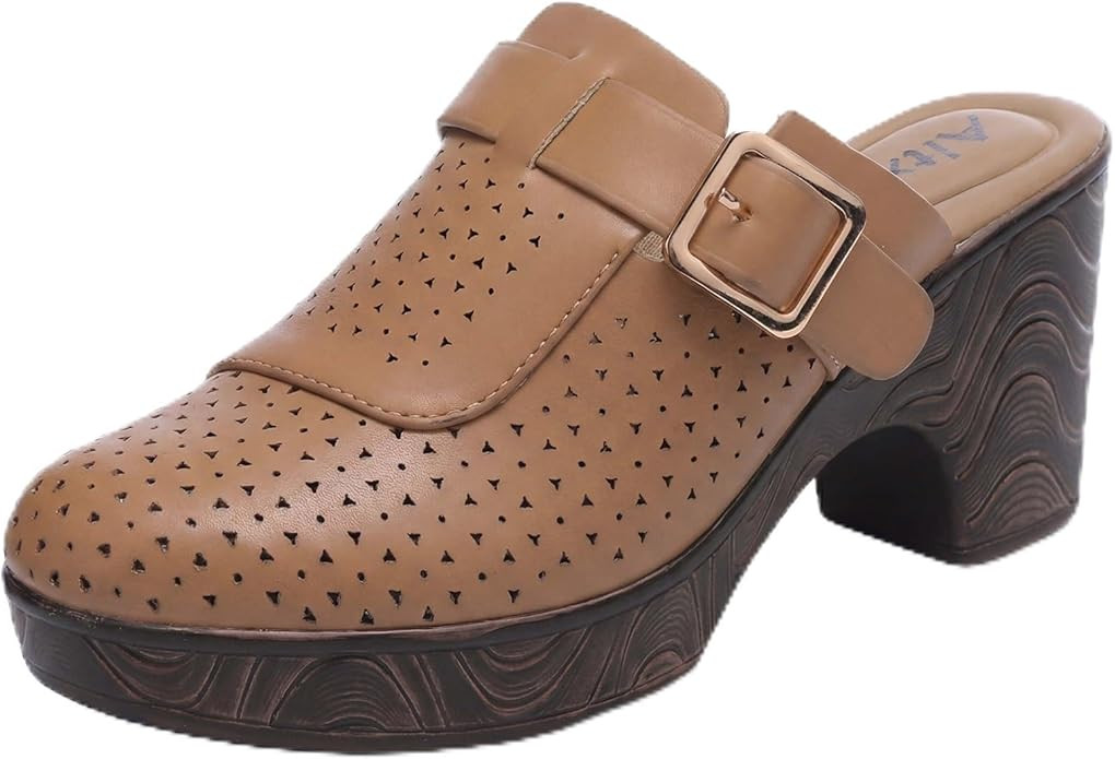 Women's Hollow Out Flower Upper Low Block Chunky Heels Comfy Slip On Wood Grain Open Back Mule Cl... | Amazon (US)