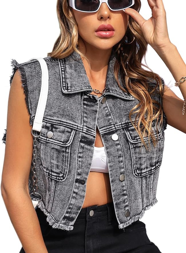 Justalwart Jean Vest for Women Button Up Cropped Denim Vest Distressed Ripped Sleeveless Jean Ves... | Amazon (US)