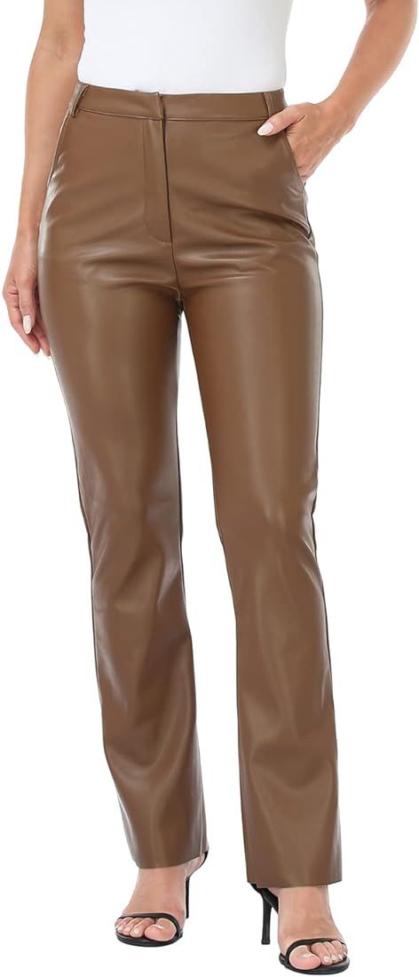 HDE Women's Faux Leather Pants High Waisted Straight Leg Trousers with Pockets Brown - S at Amazo... | Amazon (US)