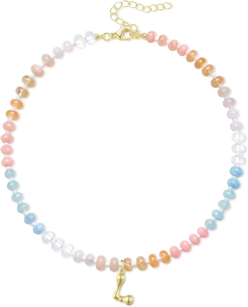 KissYan Initial Necklaces for Women, Colorful Beaded Gemstone Choker 14K Gold Bubble Letter Penda... | Amazon (US)