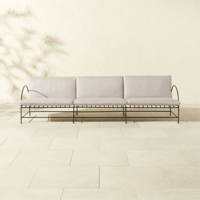 Costa 97" 3-Seat Black Metal Outdoor Sofa with Black And White Striped Sunbrella® Cushions | CB2
