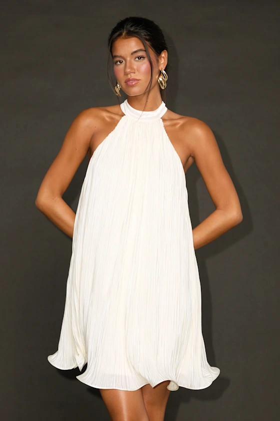 Vaivah White Satin Plisse Mock Neck Swing Mini Dress | Lulus