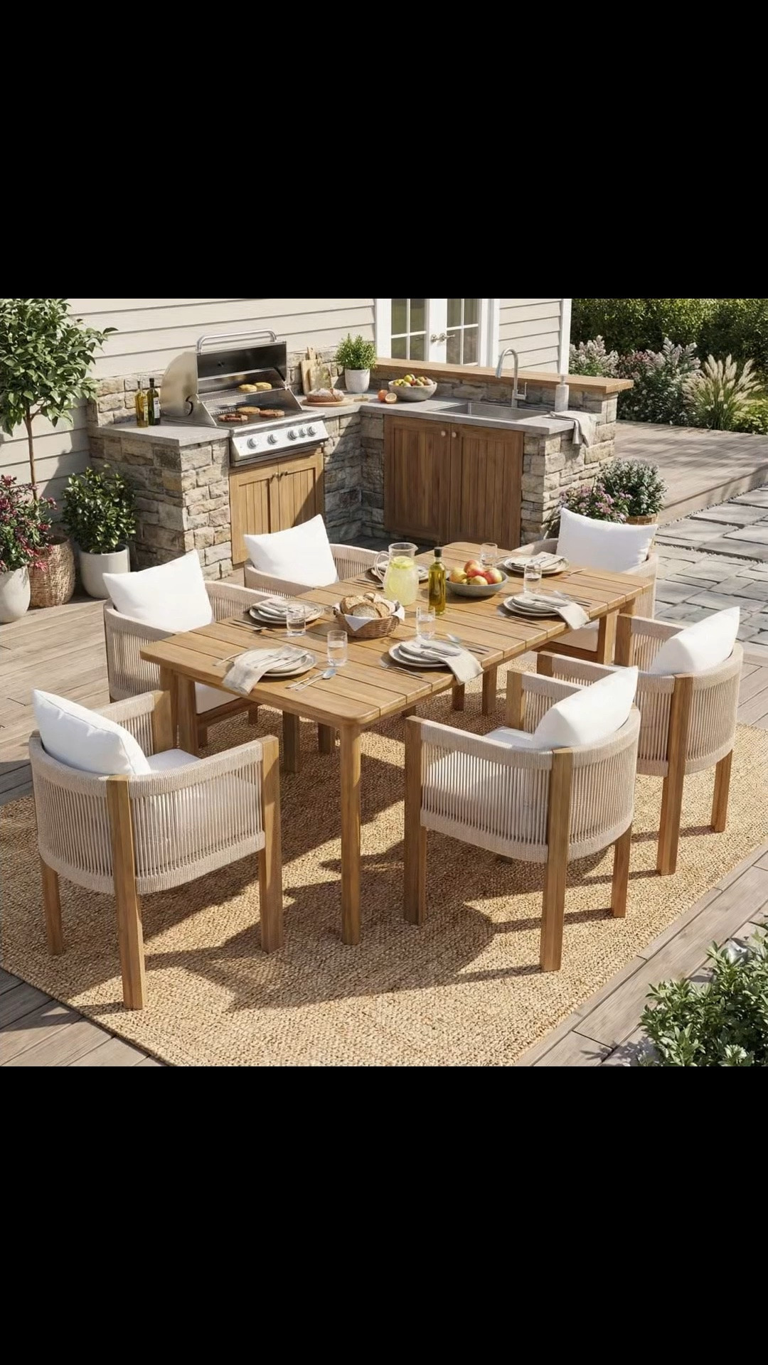 Keeton 7-Piece Modern Coastal Outdoor Dining Set With Acacia Wood Table And Rope-Wrapped Chairs With Cushions

#LTKgrwm #LTKxMadewell #LTKmorningroutine