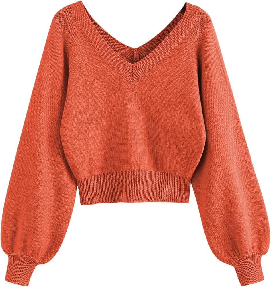 ZAFUL Women's Cropped Sweater V-Neck Long Sleeve Crop Sweater Pullover Jumper Knit Top | Amazon (US)