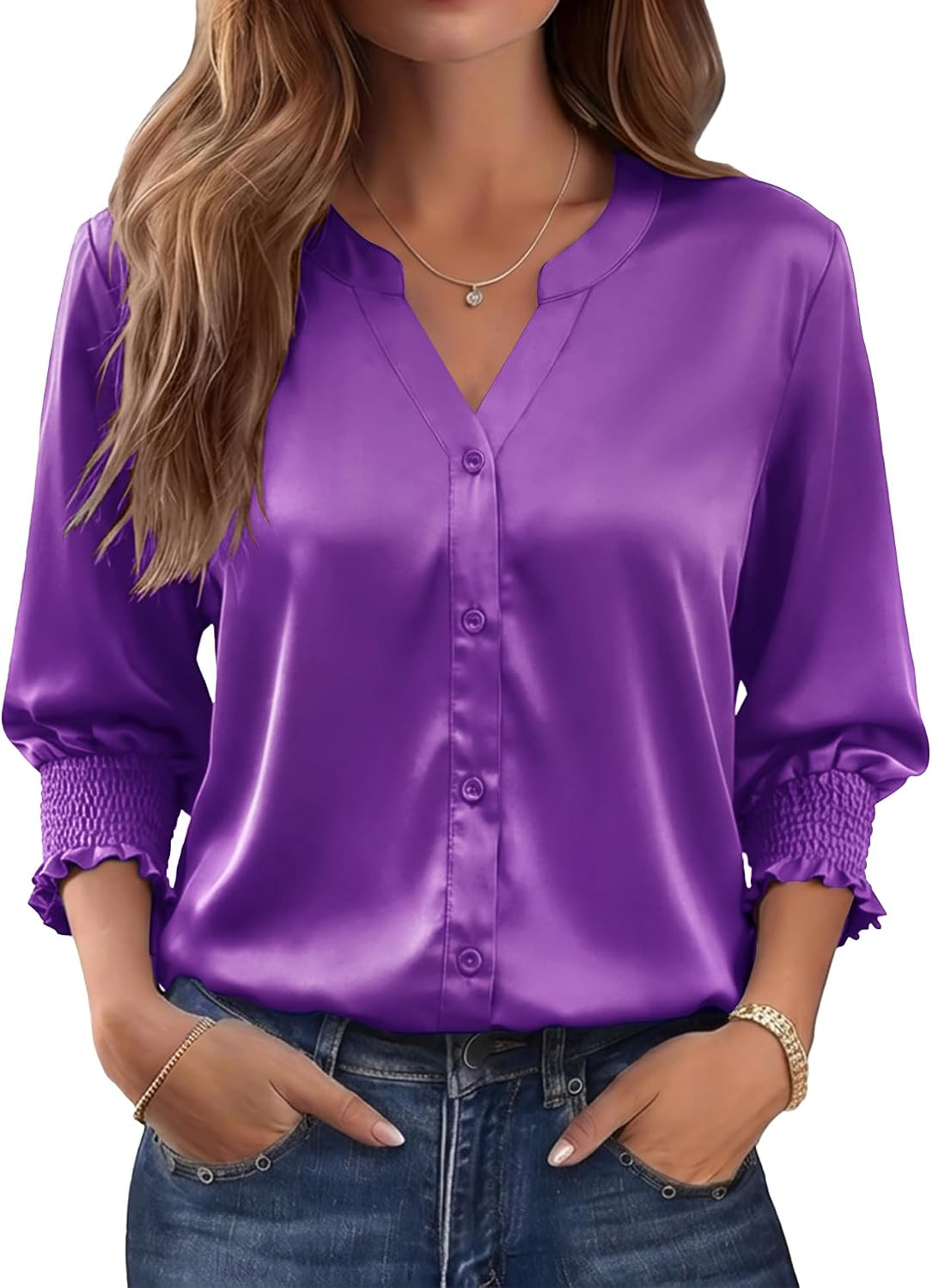 LOMON Satin Button Down Shirts for Women 3/4 Length Sleeve Business Casual Blouses 2026 Summer Tops | Amazon (US)