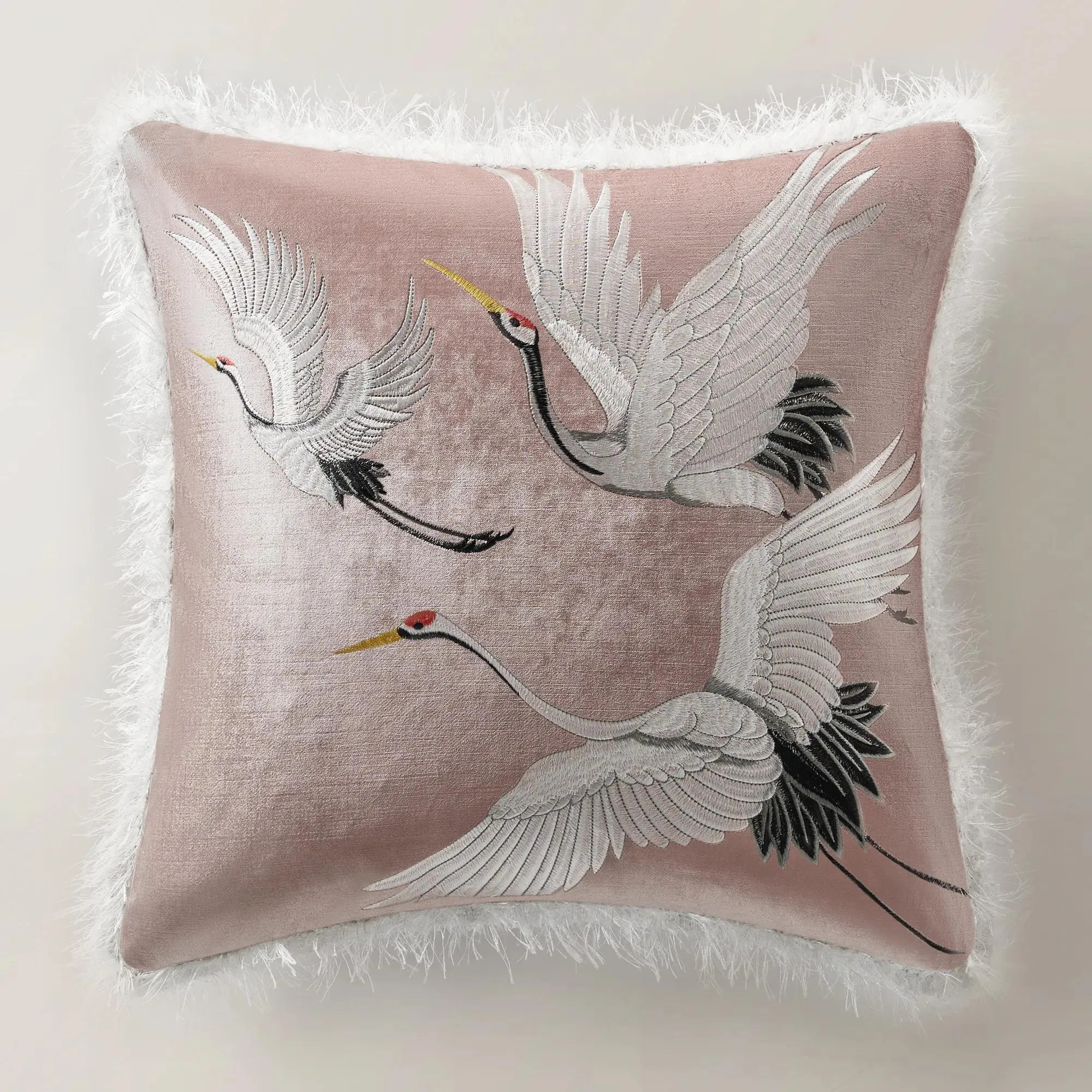 Soft Glam Pink Crane Embroidered Pillow | Velvet Fringe Pillow | Z Gallerie | 20" X 20" | Bird Motif Accent, Feminine Decor Acce | Z Gallerie
