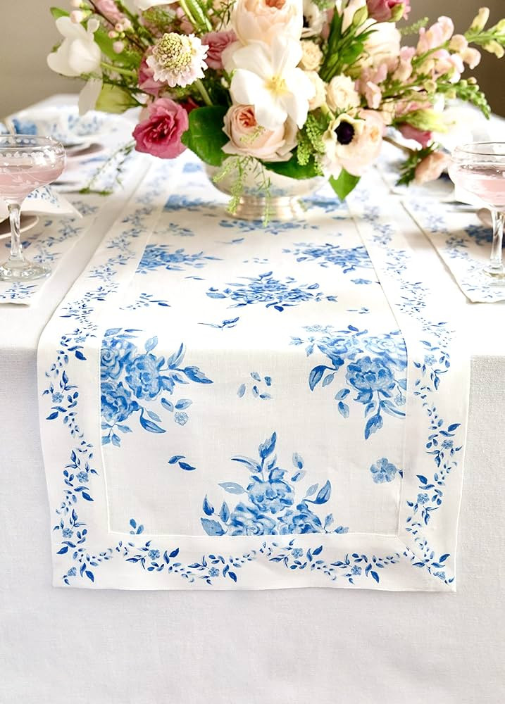Solino Home Blue Floral Print Table Runner 72 Inches Long - 100% Pure Linen Table Runner 14 x 72 ... | Amazon (US)