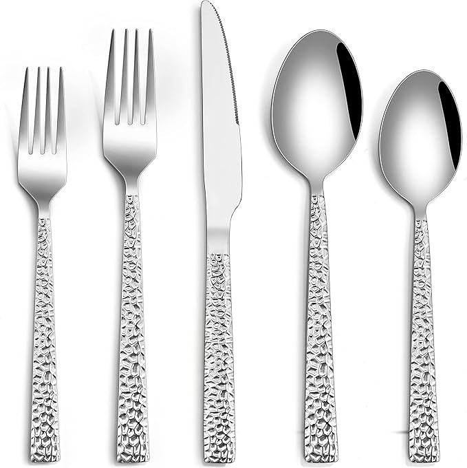 Hammered Silverware Set, HaWare 60-Piece Stainless Steel Flatware Set for 12, Modern Eating Utens... | Amazon (US)