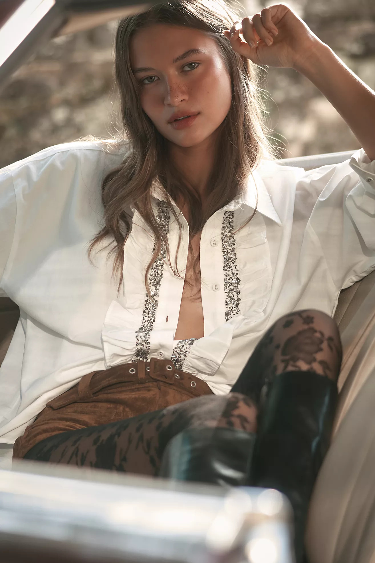 Pilcro Crystal-Embellished Relaxed Buttondown Shirt | Anthropologie (US)