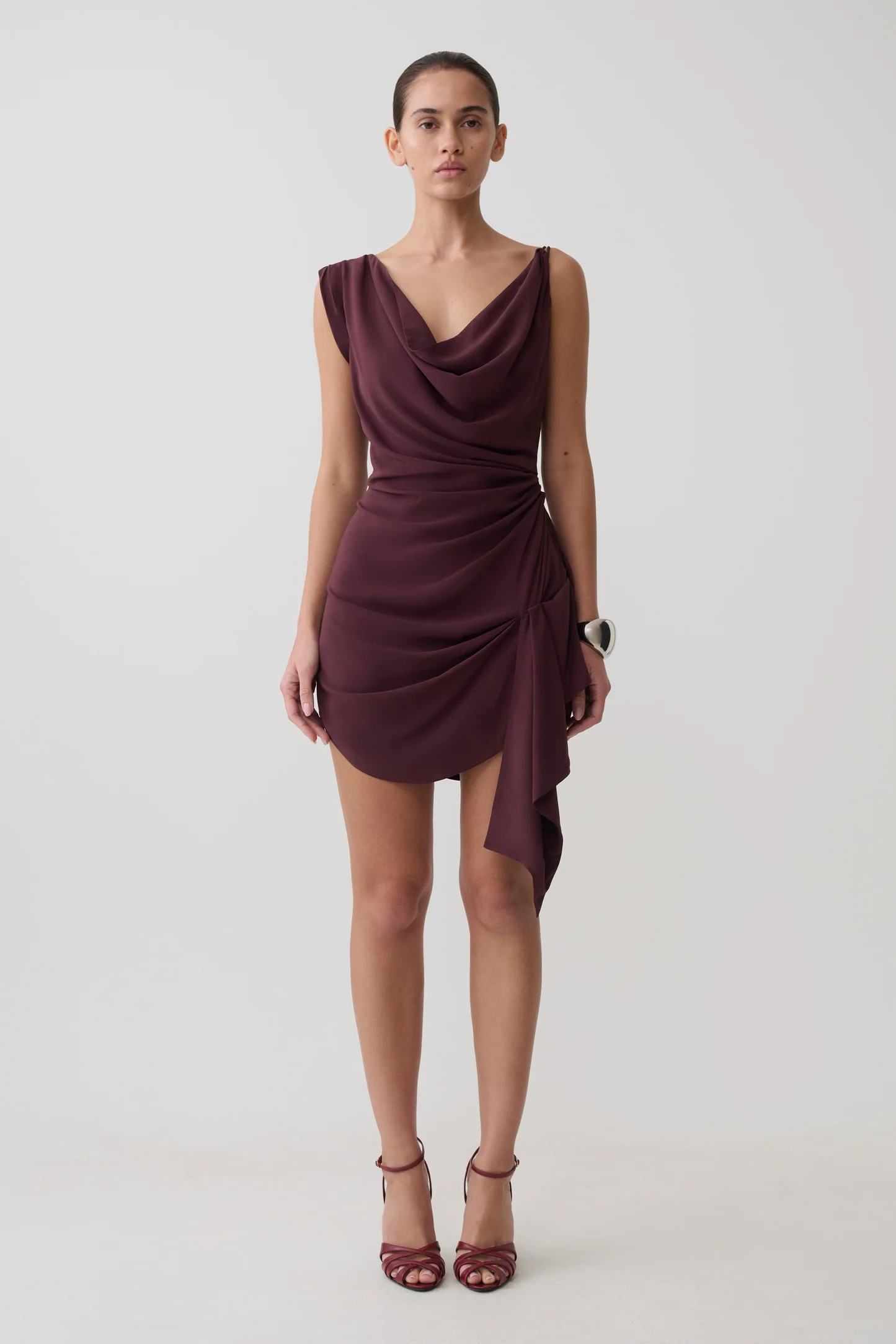 Lucile Cowl Drape Satin Mini Dress - Plum | MESHKI US