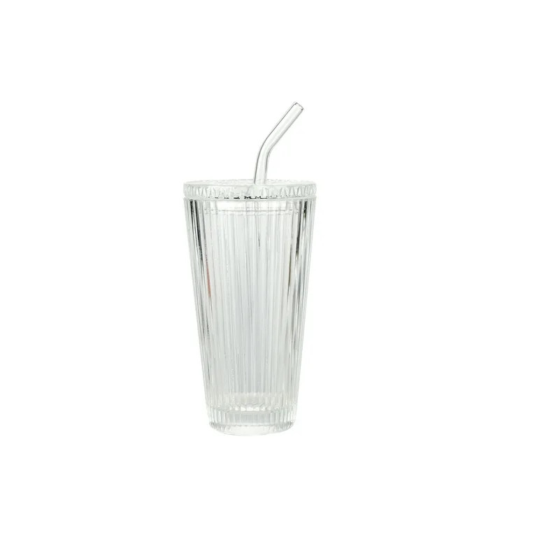 Better Homes & Gardens Glass 21oz Tumbler Ribbed with Glass Lid and Straw - Walmart.com | Walmart (US)