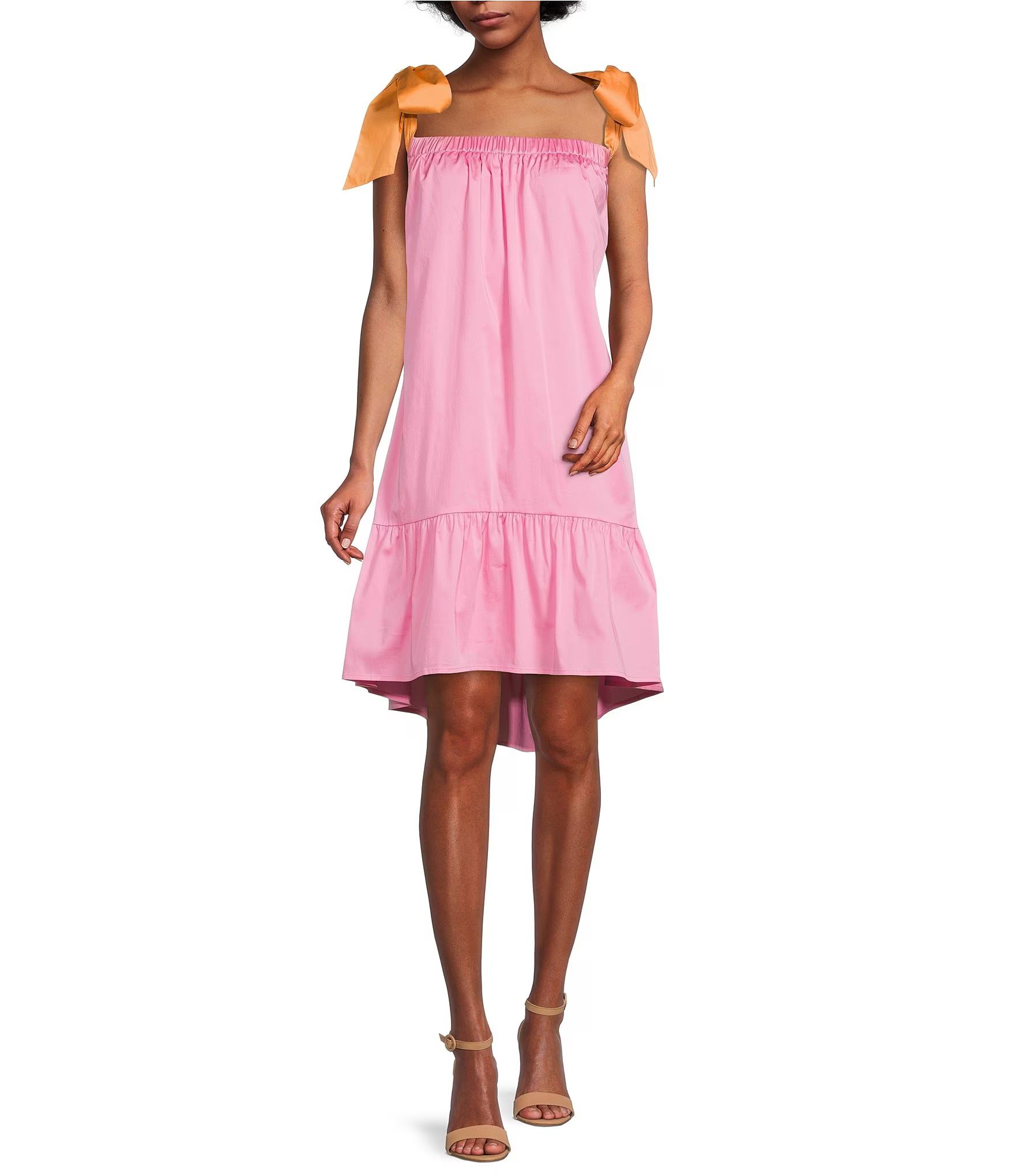 x Kimberly Whitman Caroline Square Neck Sleeveless Single Tiered Bow Tie Shoulder Waistless Dress | Dillard's