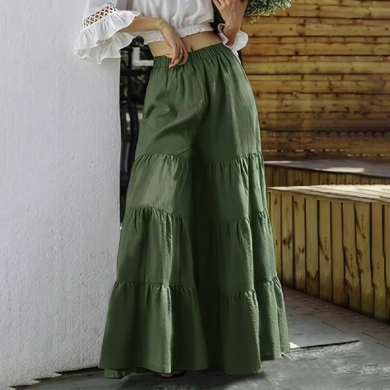 Women's Tiered Ruffle Hem Wide Leg Pants Elastic Waist Flowy Palazzo Boho Pants Business Casual p... | Walmart (US)