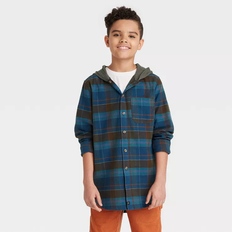 Boys' Flannel Hooded Long Sleeve Button-Down Shirt - art class™ | Target