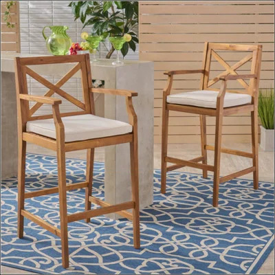 Acacia Wood Outdoor Barstools With Water-Resistant Cushions, Set Of 2, Durable And Stylish For Patio Dining | Wayfair North America