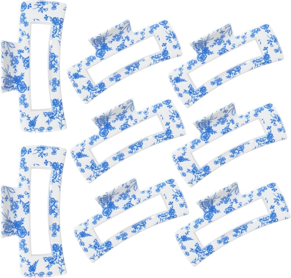 8 Pcs Blue Claw Clips Bulk for Women 5 Inch Vintage Floral Hair Claw Clips Large Square Rectangle... | Amazon (US)