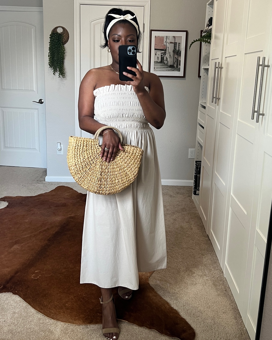 Everyday fashion strapless dress 

#bandeau #mididress #creamdress #neutraldress #smocking #HM #strawbag #wovenpurse 

#LTKFind #LTKstyletip #LTKunder50