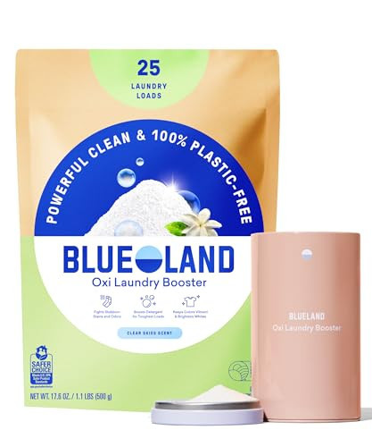 BLUELAND Oxi Laundry Booster Powder with Tin, Starter Set, Clear Skies Scent, 25 Loads, 17.6 oz, Plastic-Free, Eco Friendly, Oxy Cleaner, Stain Remover | Amazon (US)
