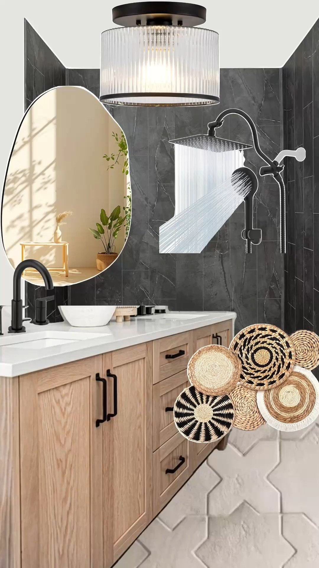 Moody, modern, boho bathroom inspo featuring a warm wood vanity, matte black faucet, dark tile shower, woven wall baskets, and modern glass lighting. Perfect for cozy modern bathroom decor, earthy boho style, and small bathroom makeover ideas.

#LTKHome