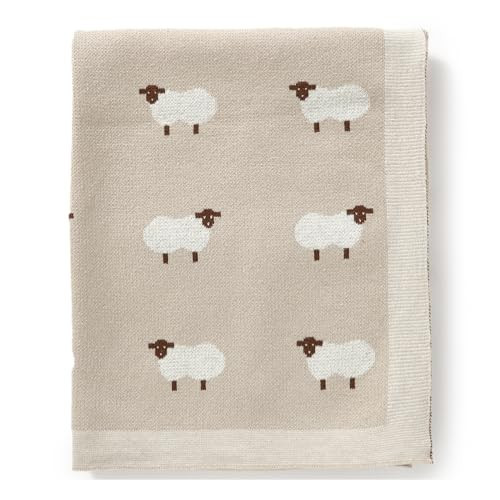Hadetoto 100% Cotton Baby Blanket Knit Soft Cozy Swaddle Receiving Blankets Toddler Infant Blanket with Lovely Sheeps for Newborn Boy Girls - Khaki, 90 x 70cm | Amazon (US)