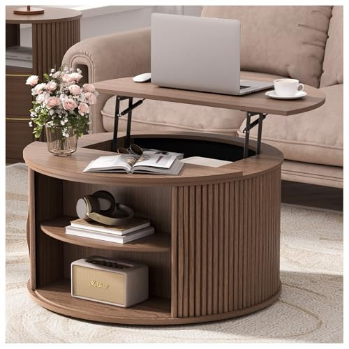 JOINICE 31.5" Round Lift Top Coffee Table, Mid Century Modern Walnut Center Table with Hidden Storage, Fluted Drum Wood Design for Small Living Room & Apartment | Amazon (US)