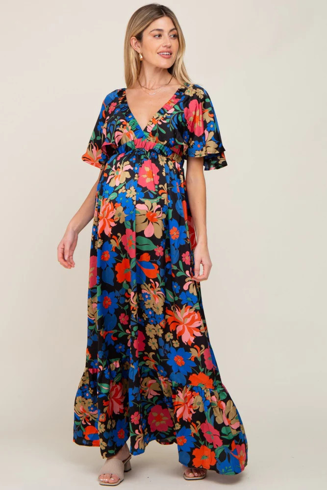 Black Floral Flounce Sleeve Maternity Maxi Dress | PinkBlush Maternity