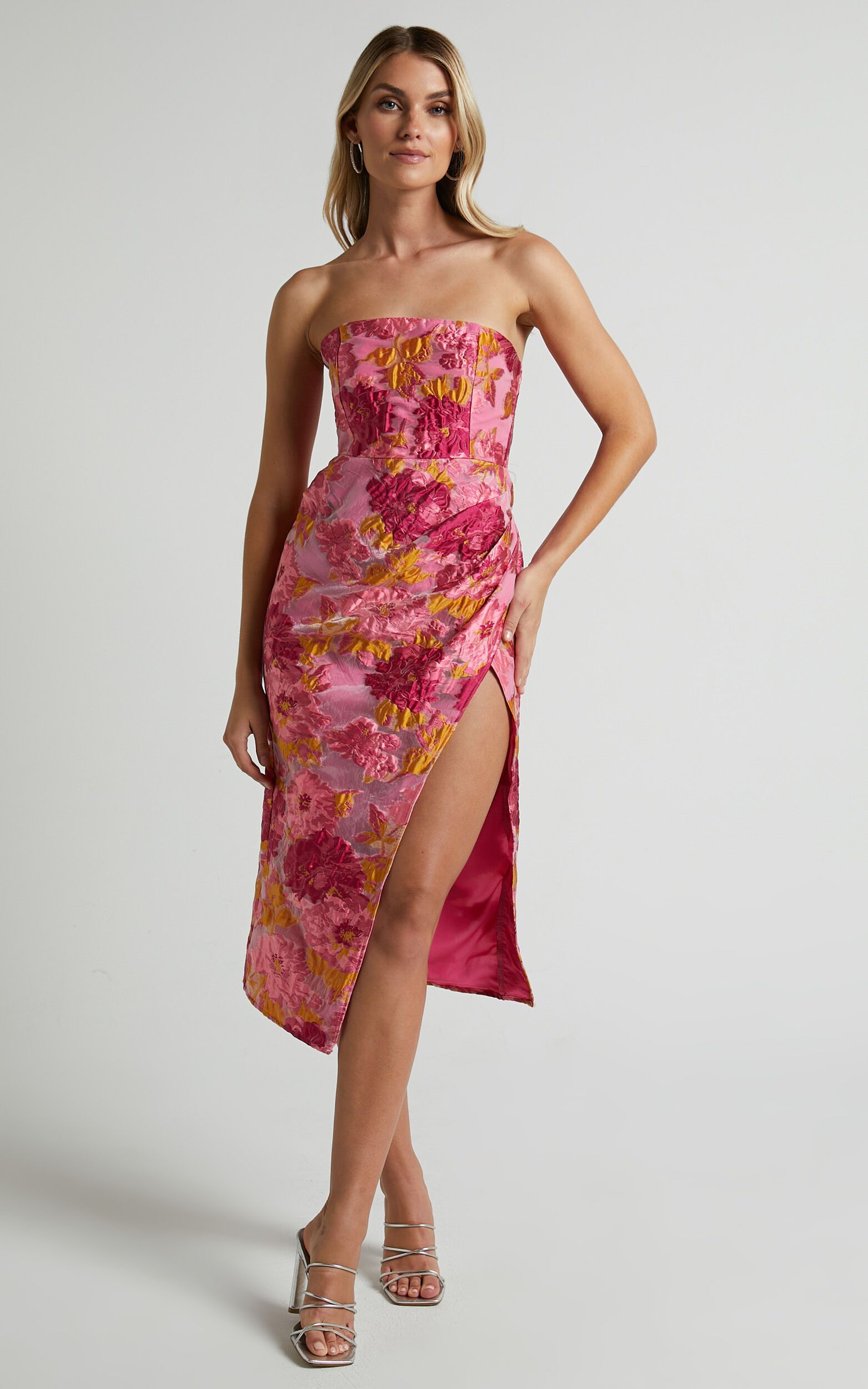 Brailey Midi Dress - Thigh Split Strapless Dress in Pink Jacquard | Showpo (US, UK & Europe)