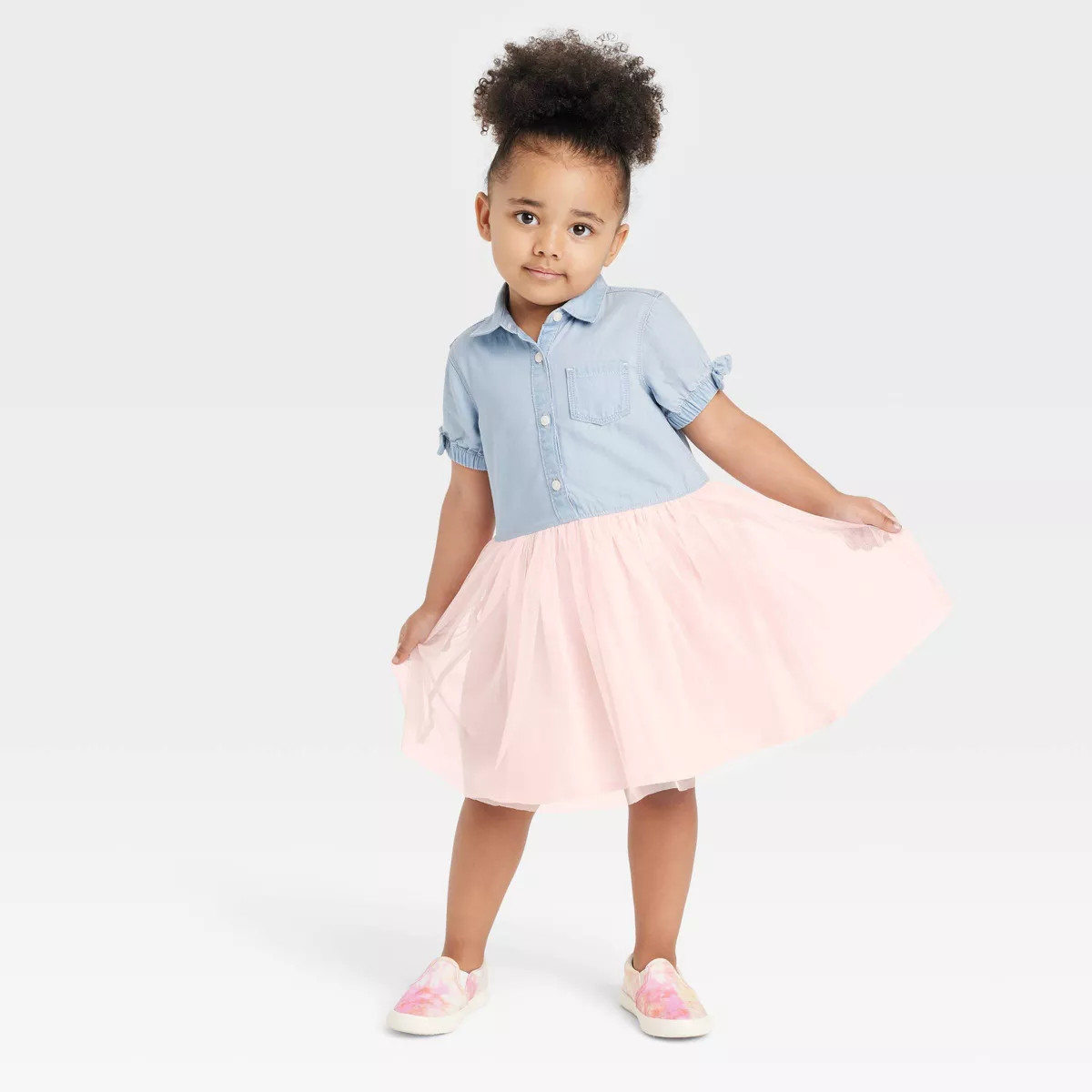 OshKosh B'gosh Toddler Girls' Chambray Short Sleeve Tulle Dress - Light Pink/Blue Denim | Target
