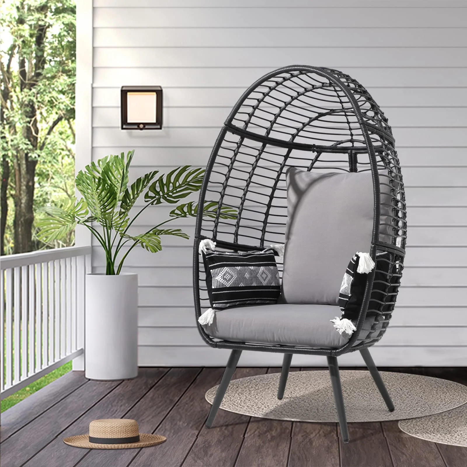 JOVI Wicker Egg Chair Galvanized Iron Frame Hanging Chair with Stand and Cushions | Walmart (US)