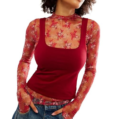 Fabumily Sheer Tops for Women Long Sleeve Mock Neck Lace Mesh Top Sexy See Through Floral Tee Shirts Layering Blouse (Red, L) | Amazon (US)