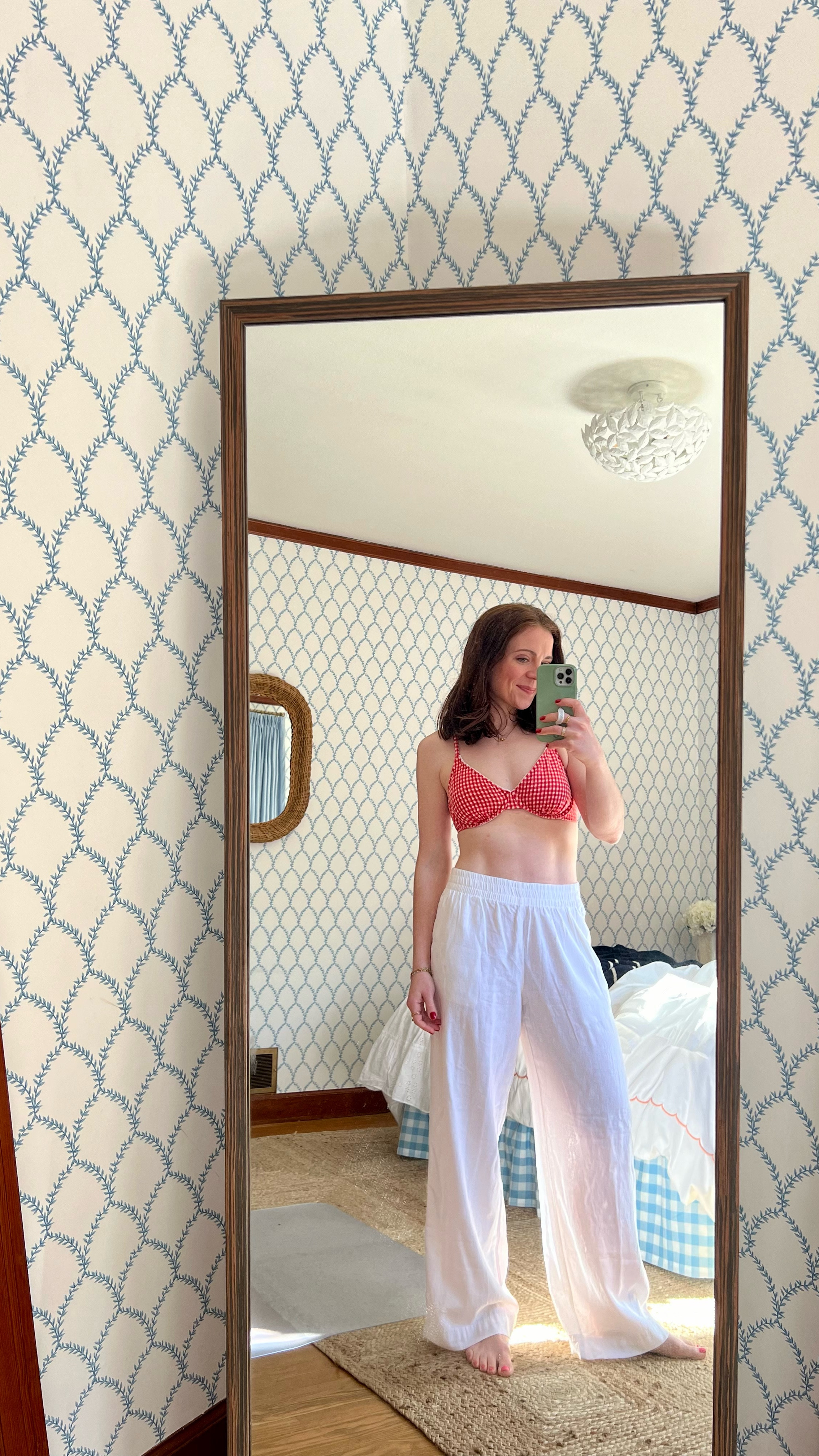 Loving the white linen pants and bikini look! This gingham bikini is so cute, I think will go back to my normal size small in it, I sized up because these are teenager sizes! But definitely size up in the bottoms!

#LTKSeasonal #LTKSwim