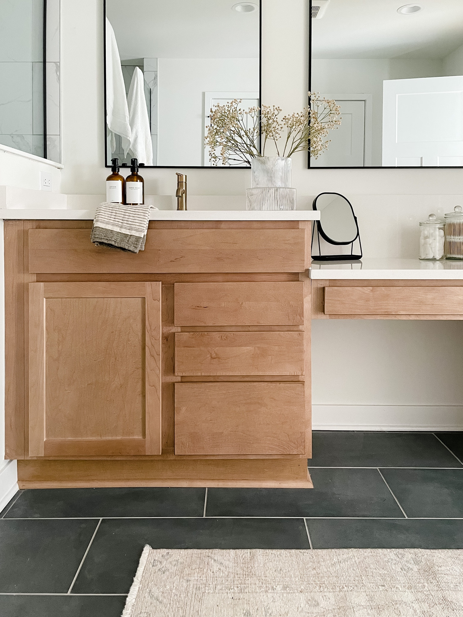 Progress shot 😍 hardware and lighting is next 🎉 home decor, bathroom decor, bathroom accessories, McGee and Co, amazon home, slate floor, vintage rug, wood cabinets 

#LTKunder100 #LTKSale #LTKhome